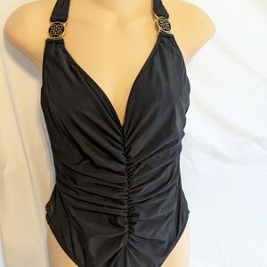 Magicsuit Black Ruched One-Piece Swimsuit with Gold Accent